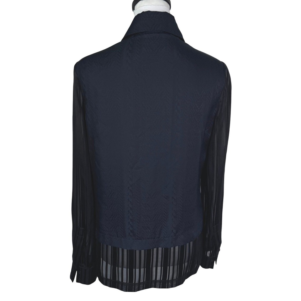 YIGAL AZROUEL Women's 4 Black 100% Silk Sheer Striped Sleeve Applique Blouse Top - Picture 2 of 8